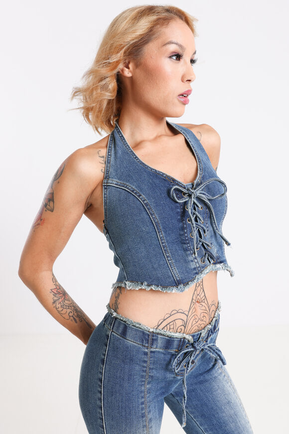 Neckholder Jeans Crop Top - Dunkelblau