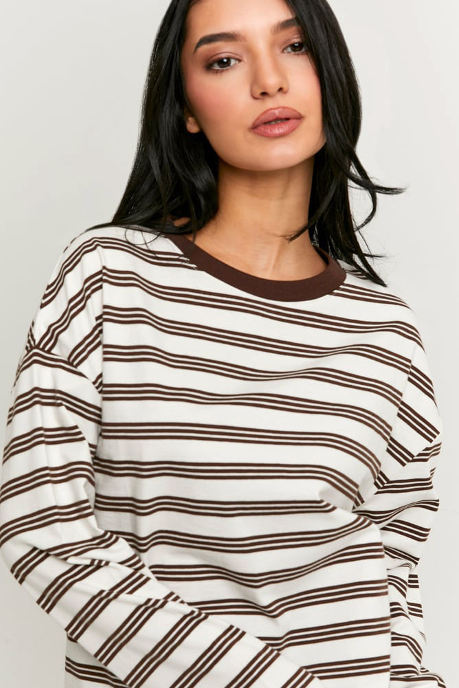 Langarmshirt - Brown + White