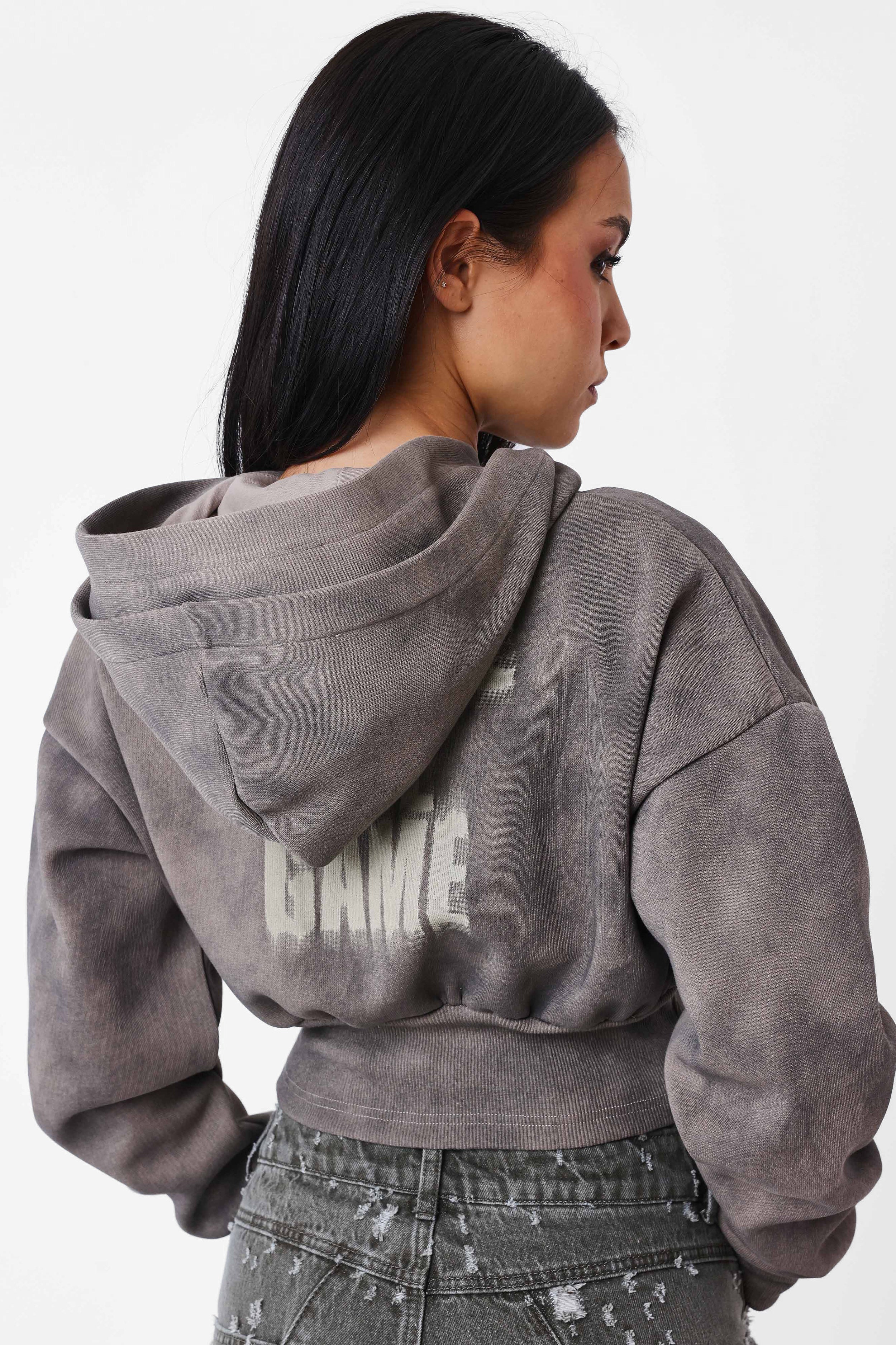 Crop Kapuzensweatjacke - Dark Taupe