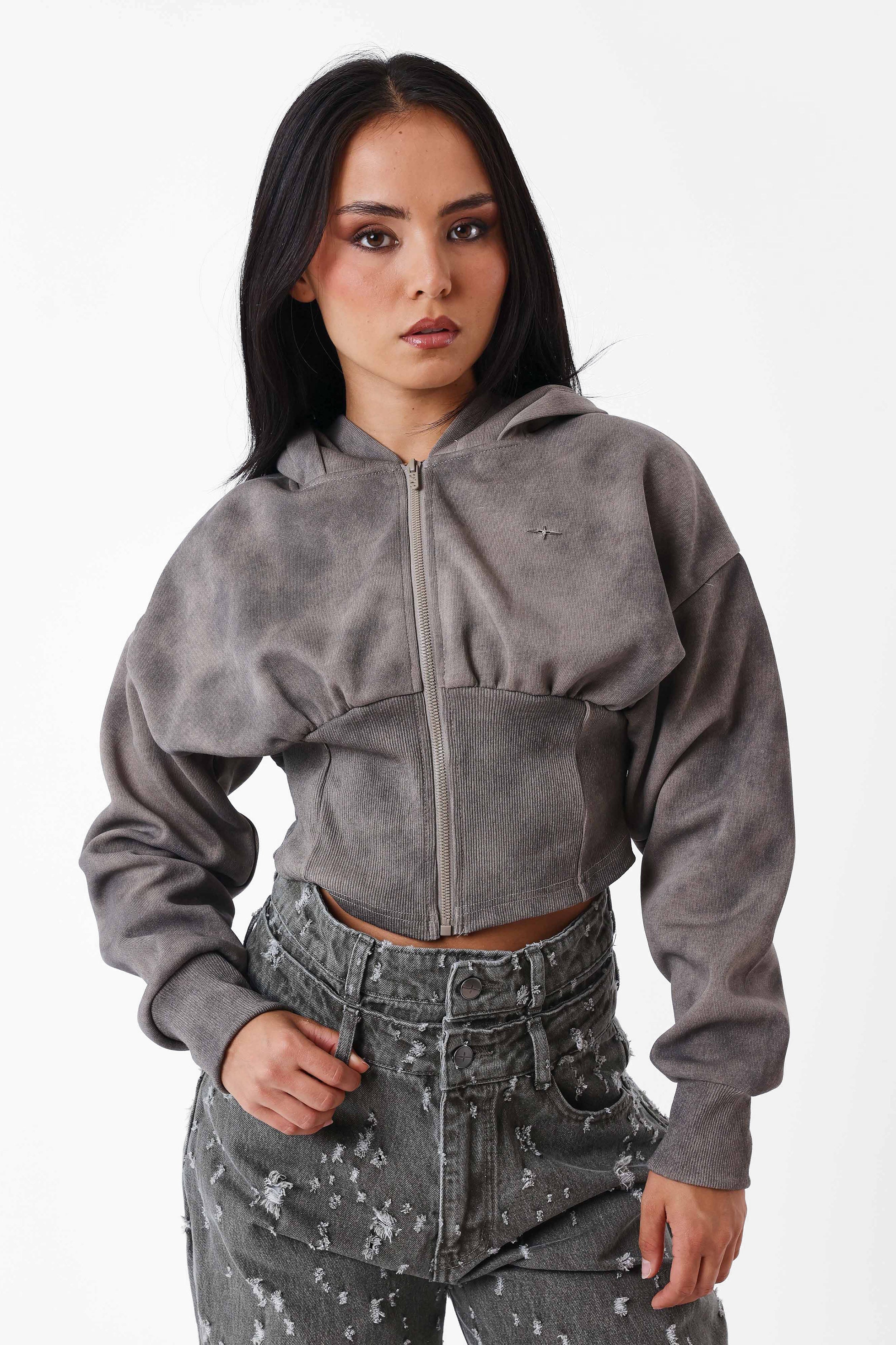 Crop Kapuzensweatjacke - Dark Taupe