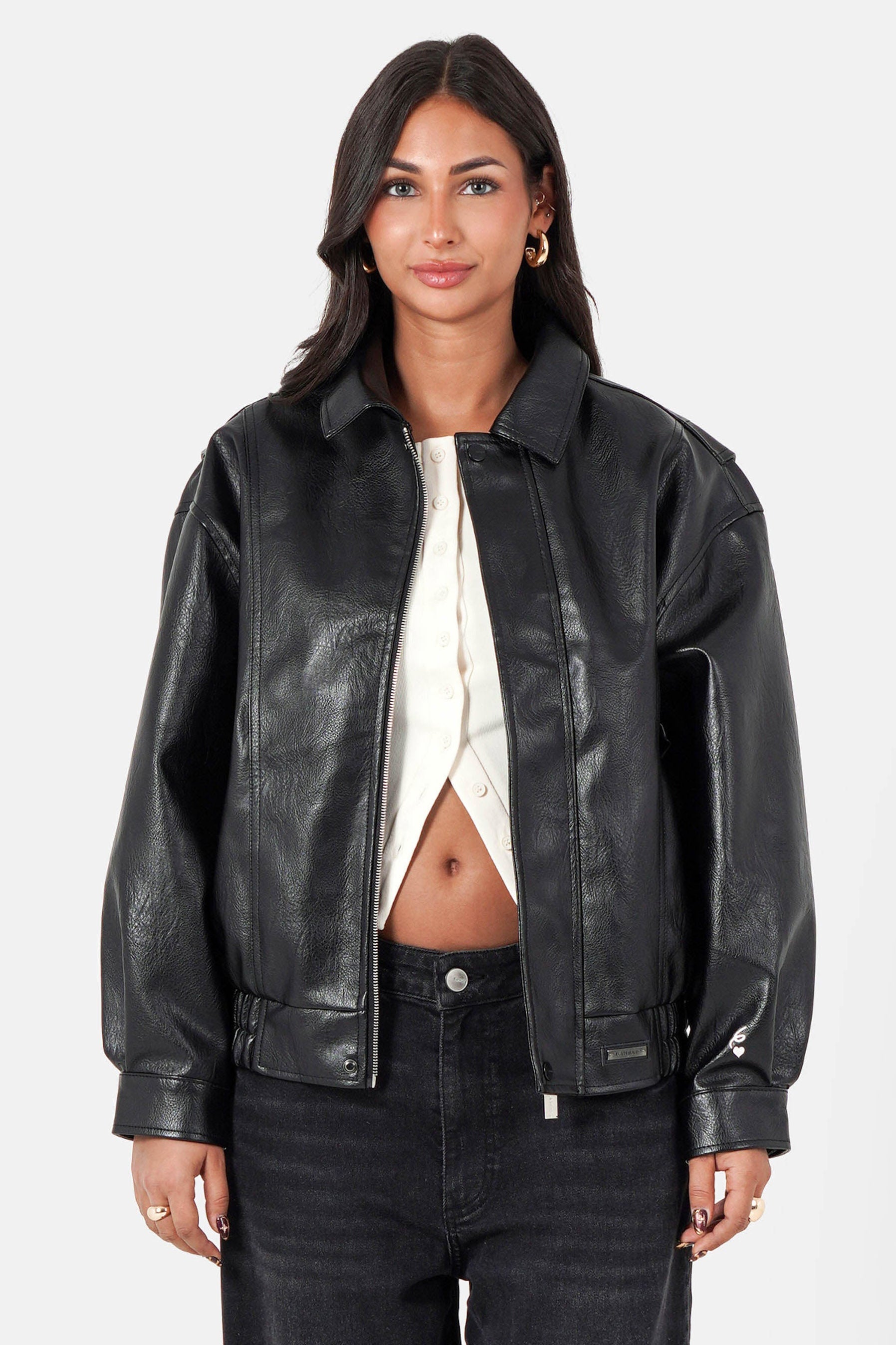Leichte Bomber Kunstlederjacke - Black