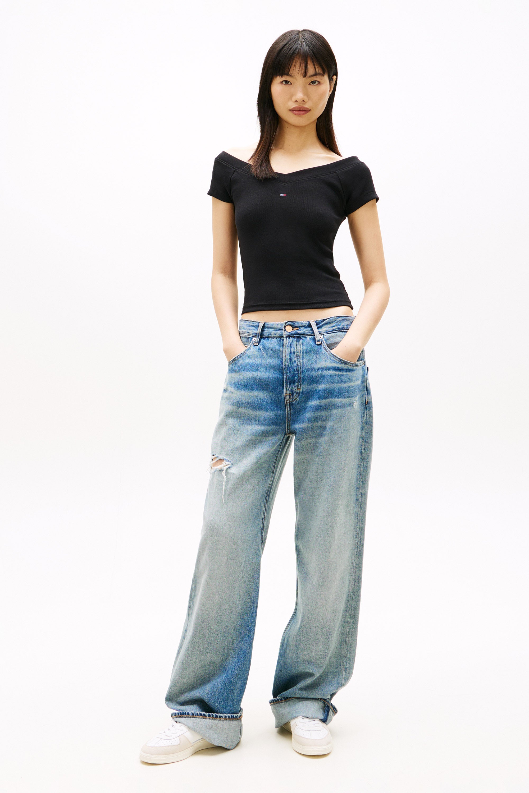 Off Shoulder Crop T-Shirt - Black