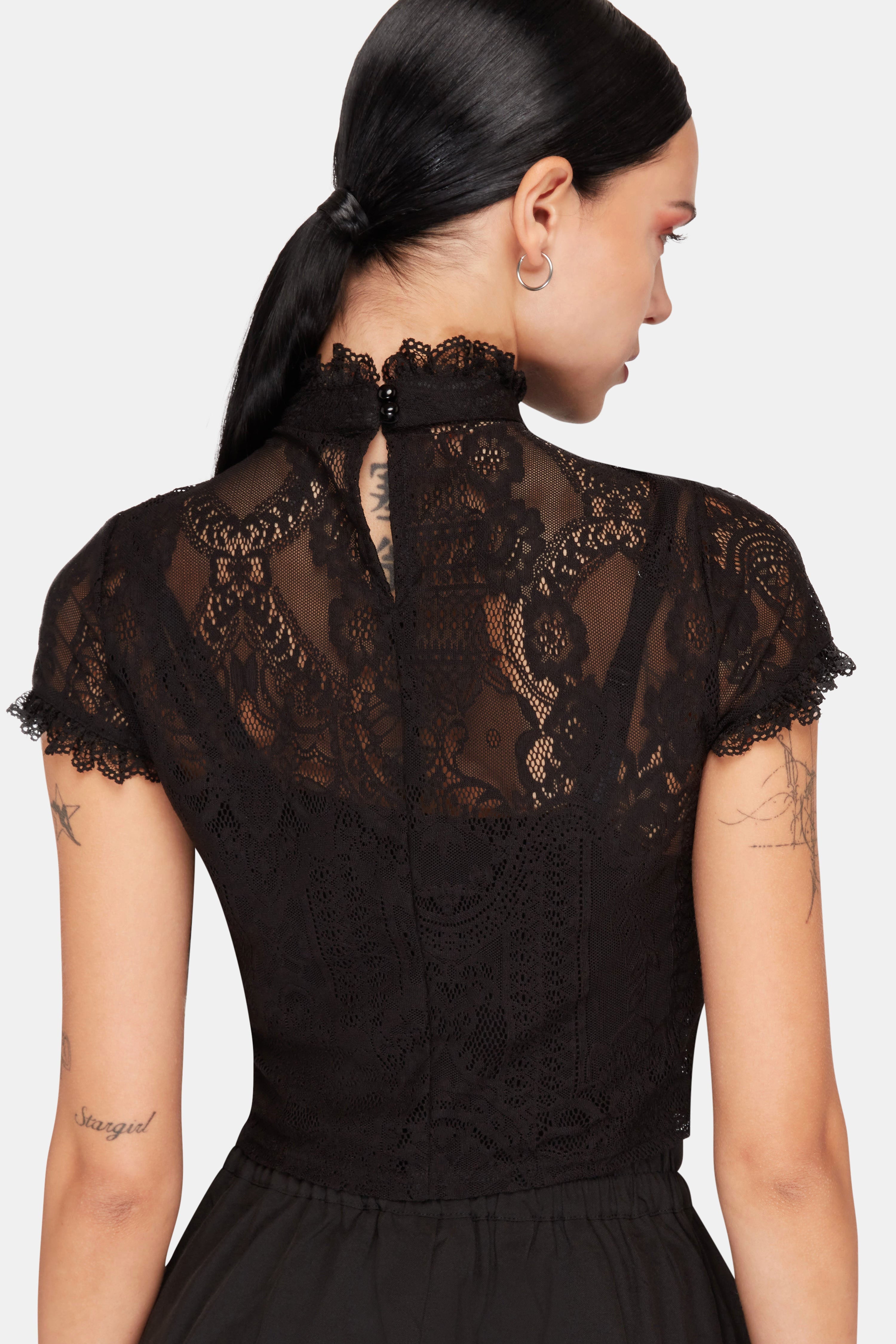 Spitzen Crop T-Shirt - Black