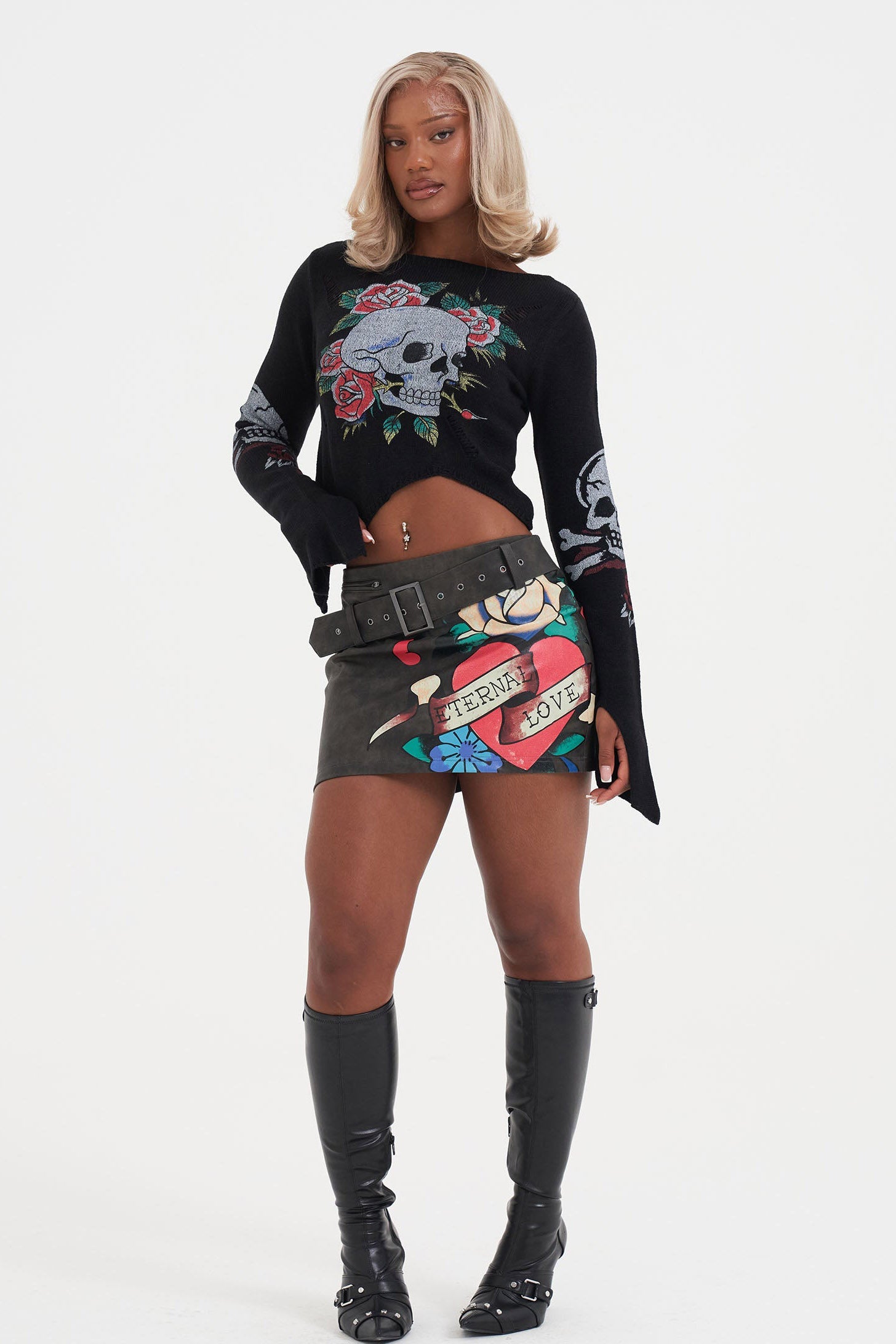 Skull and Roses Strickpullover - Black