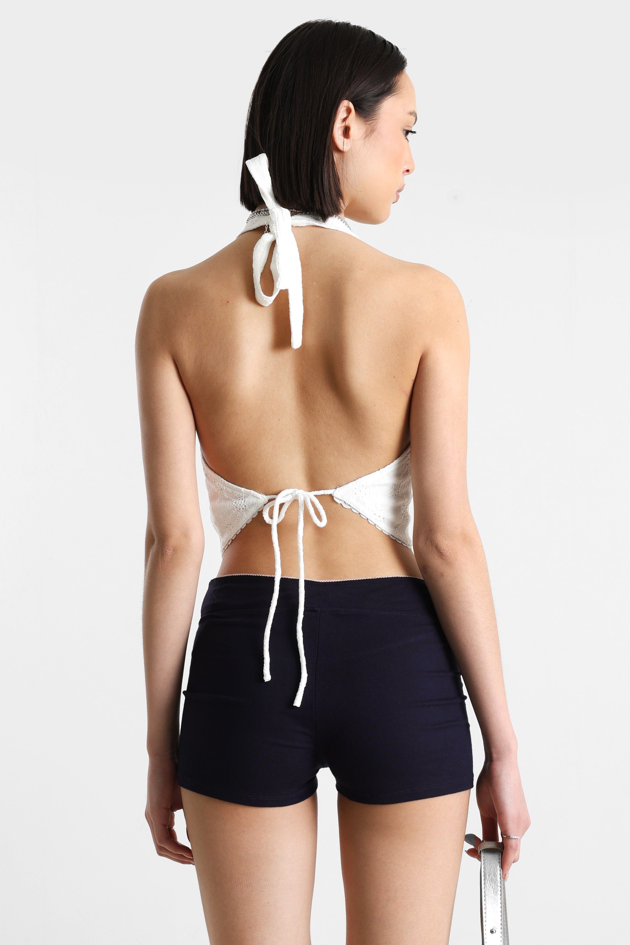Neckholder Crop Top mit Lochmuster - Offwhite