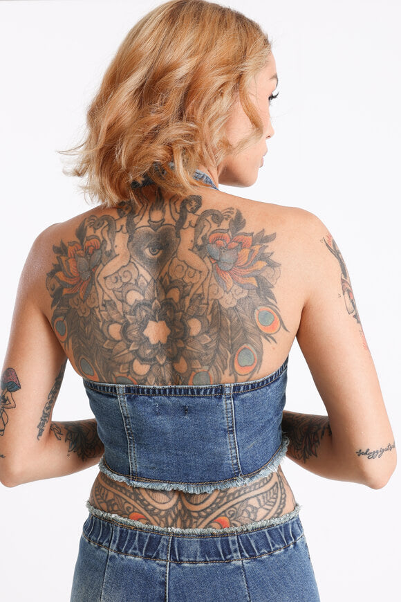 Neckholder Jeans Crop Top - Dunkelblau