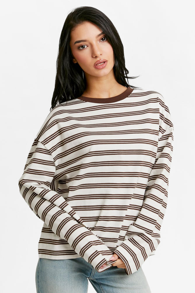 Langarmshirt - Brown + White