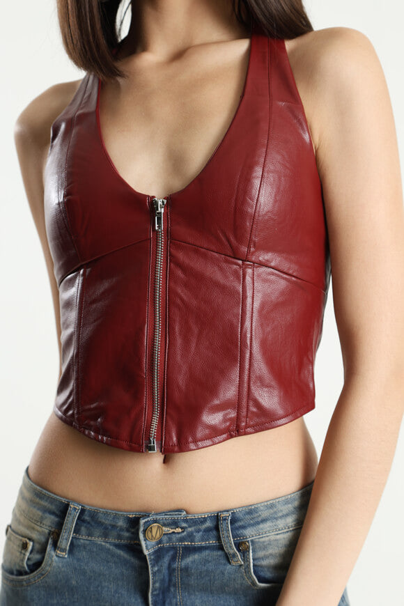 Neckholder Kunstleder Crop Top - Bordeaux