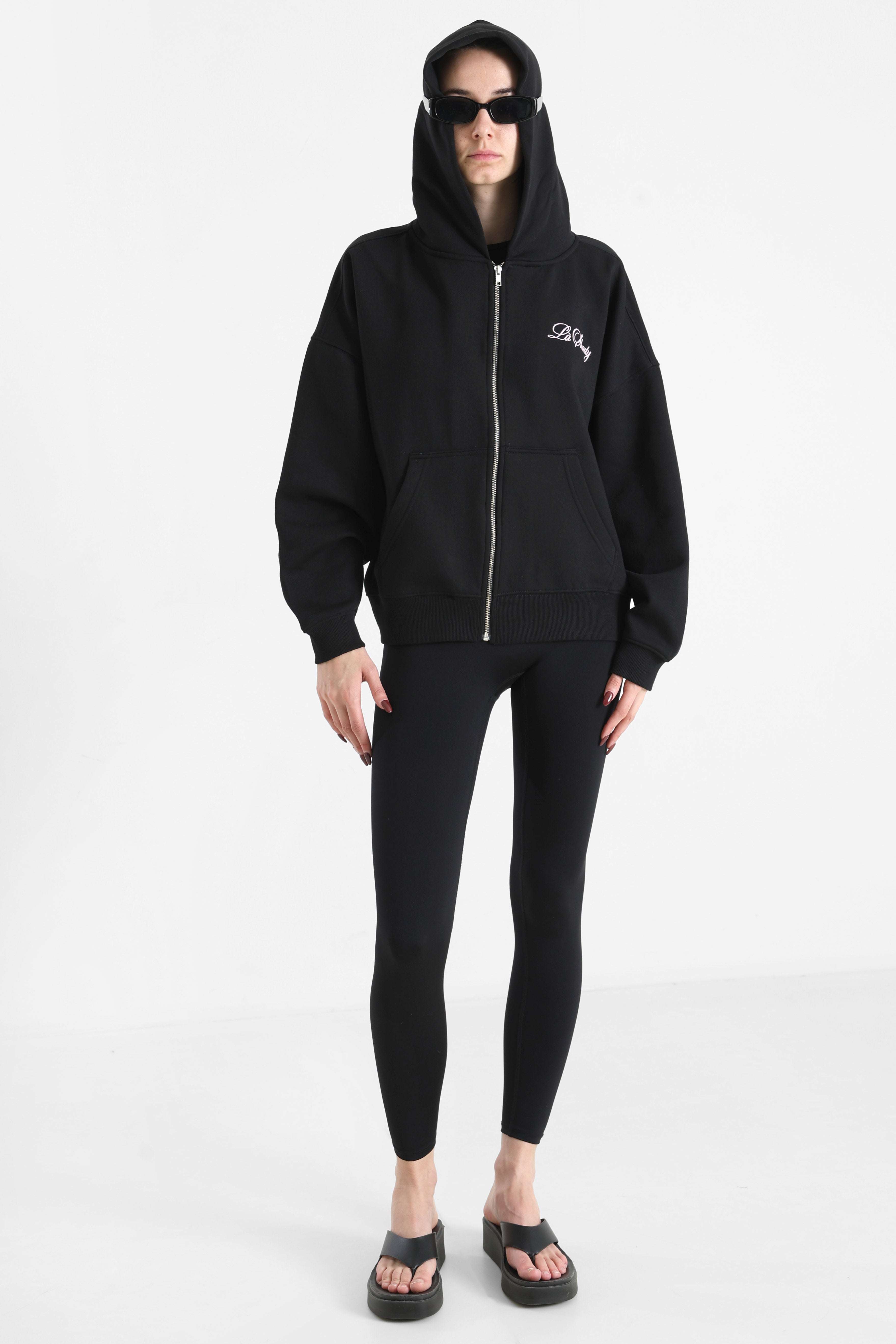 Kapuzensweatjacke - Schwarz + Rosa
