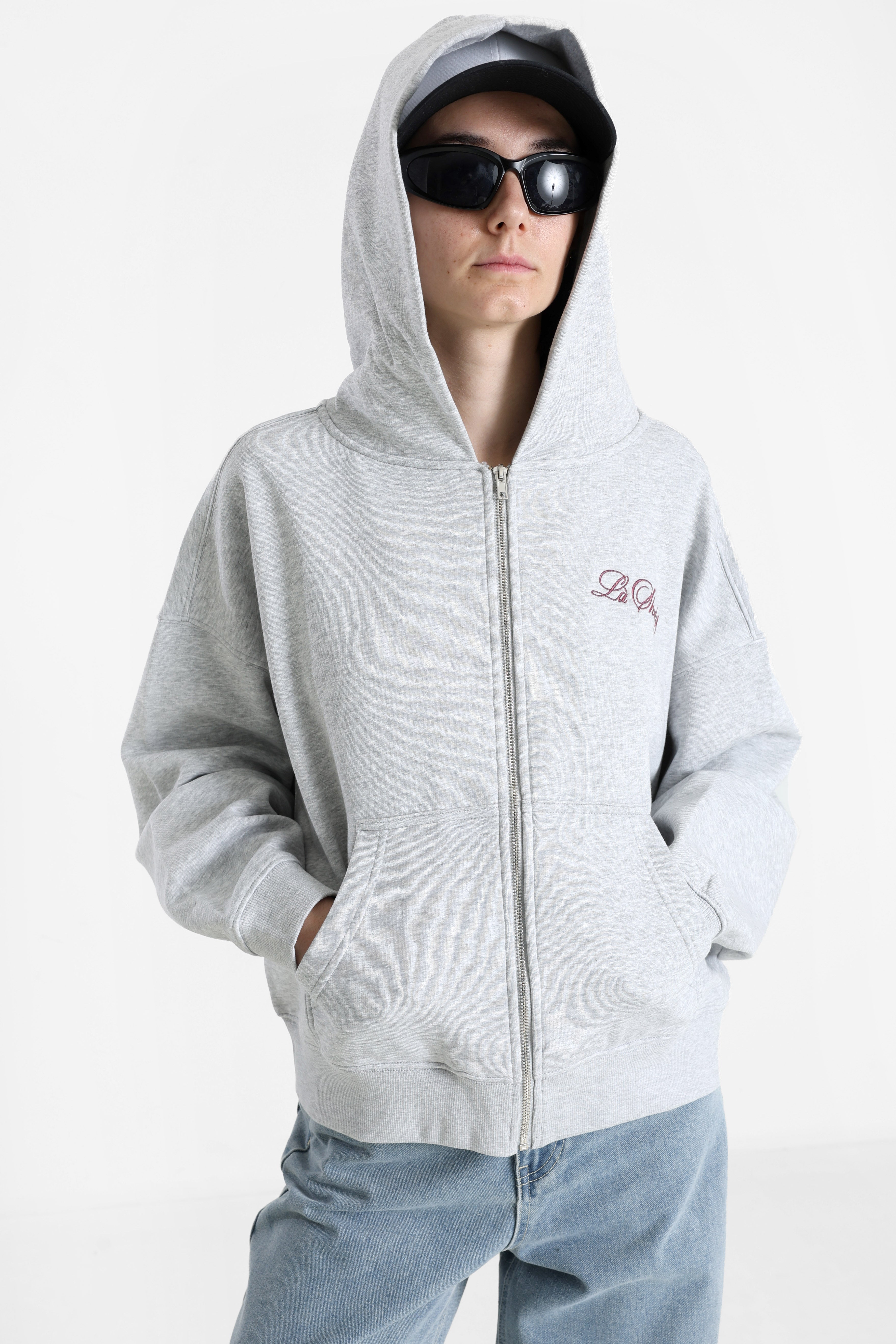 Kapuzensweatjacke - Hellgrau Meliert + Aubergine
