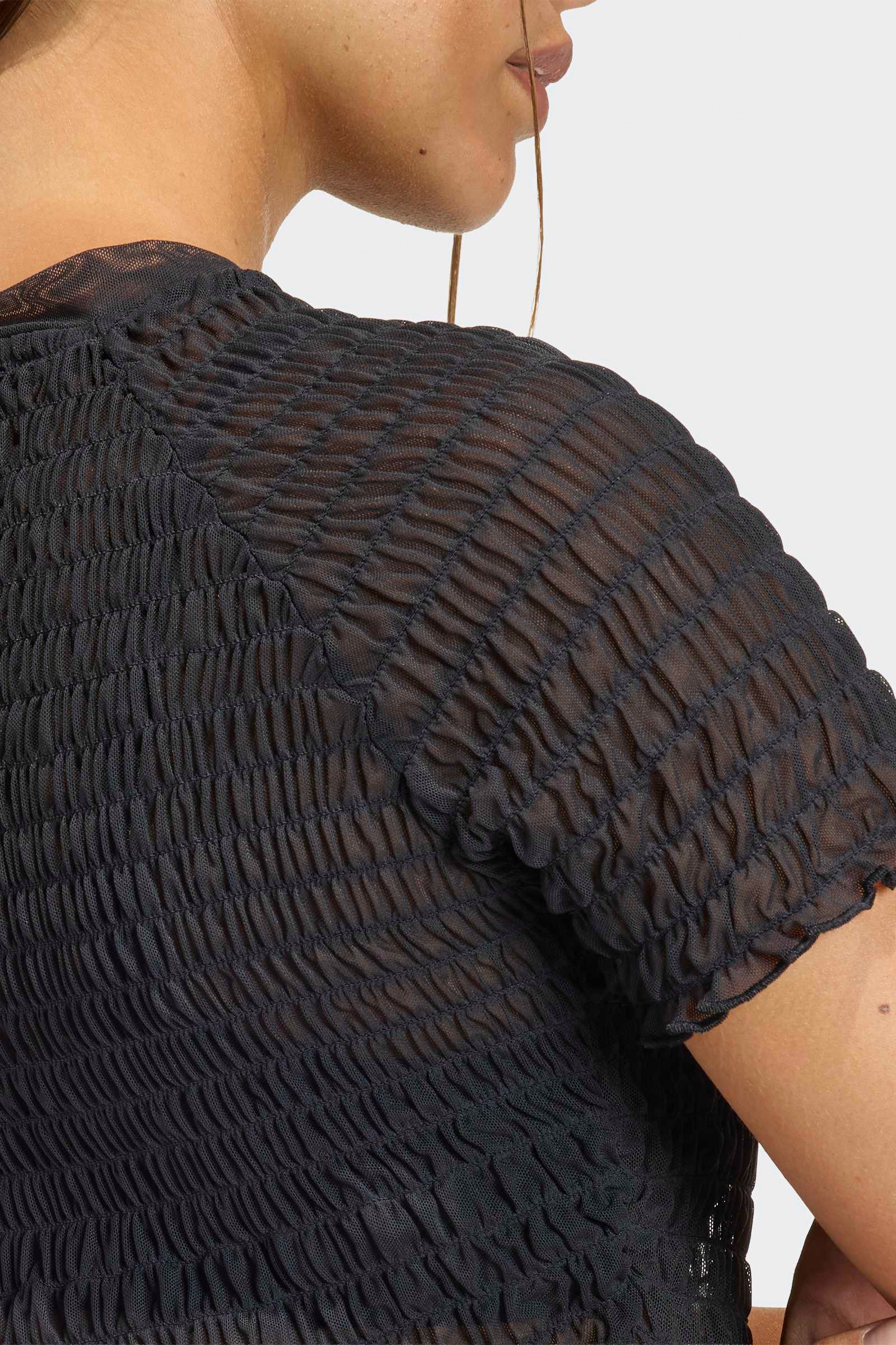 Gesmoktes Crop T-Shirt - Black