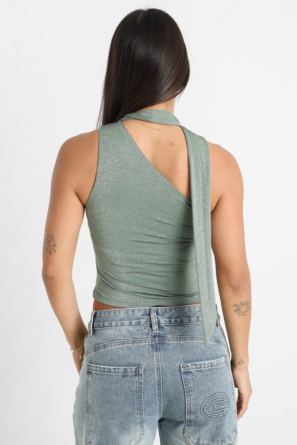 One Shoulder Crop Top - Grün + Silber