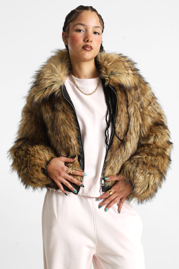 Kunstpelzjacke - Beige + Brown