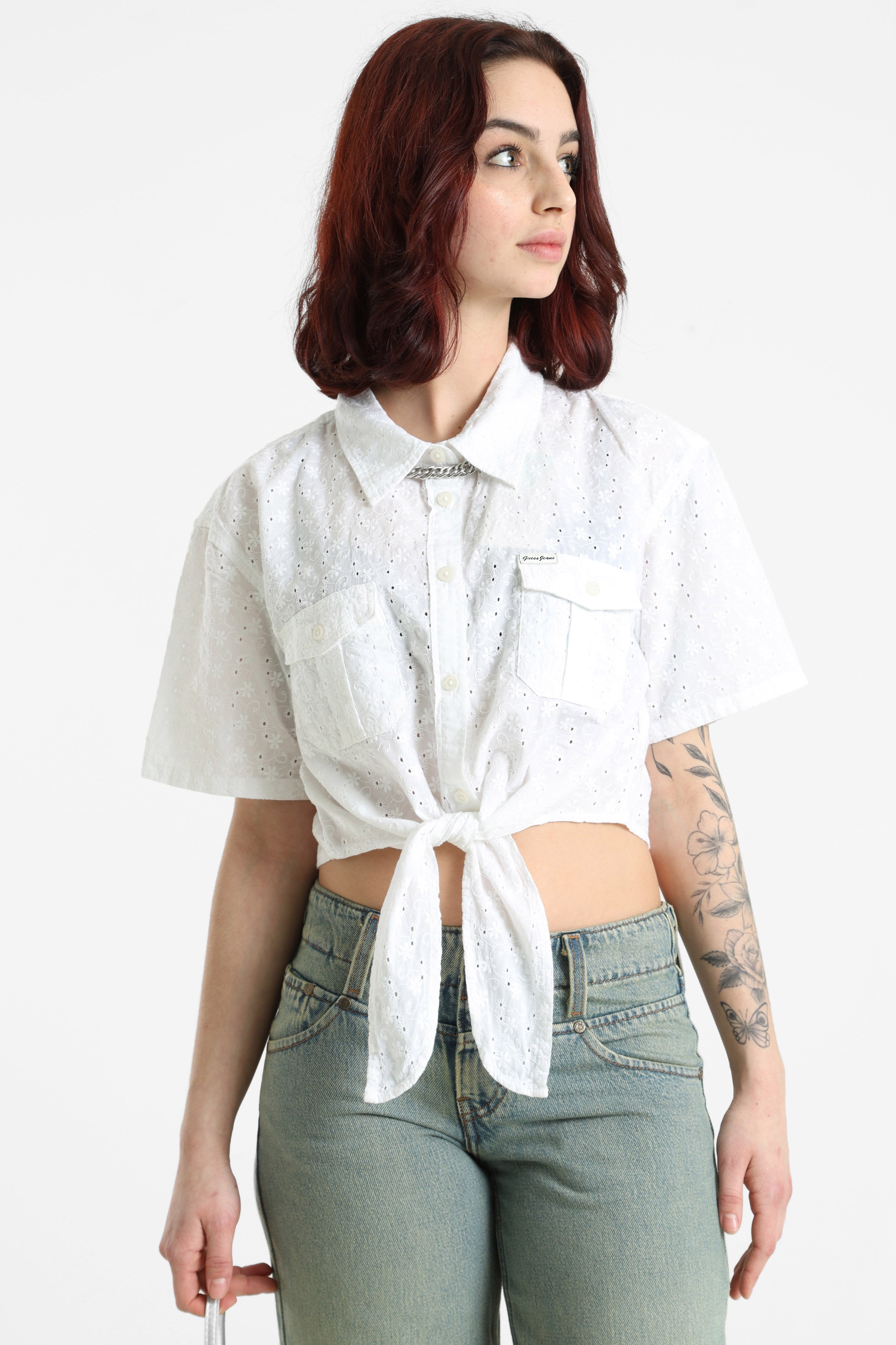 Crop Hemd mit Lochmuster - Pure White