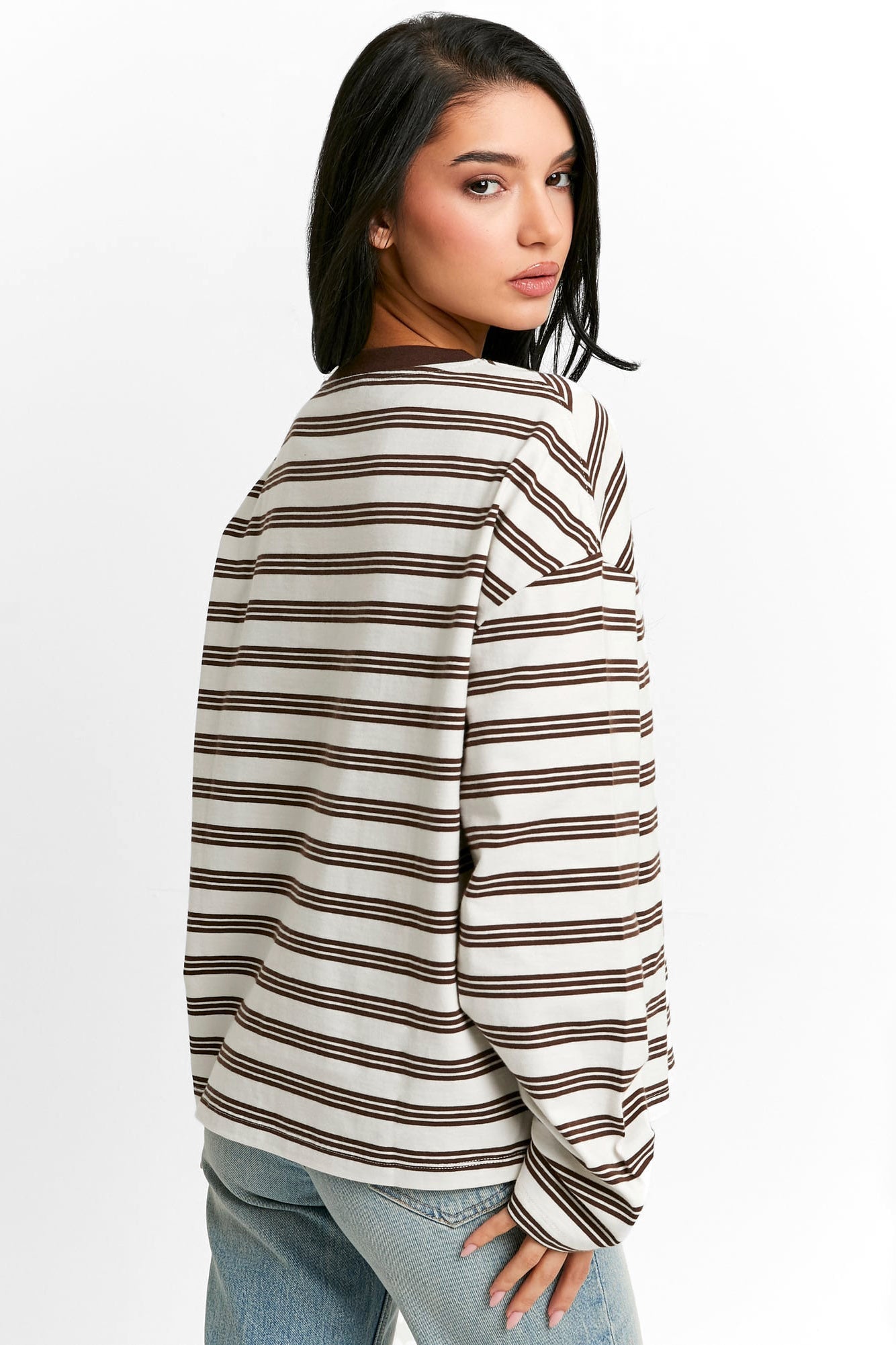 Langarmshirt - Brown + White