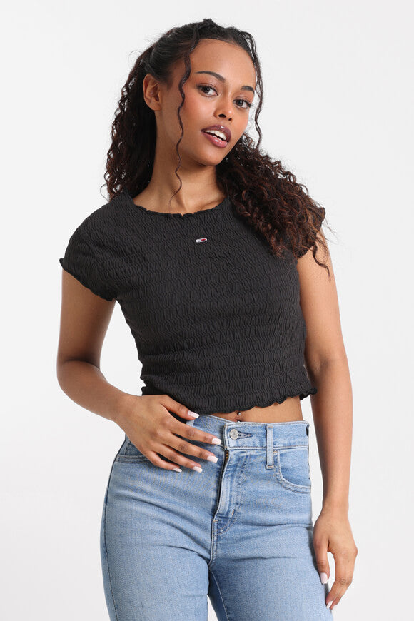 Gesmoktes Crop T-Shirt - Black