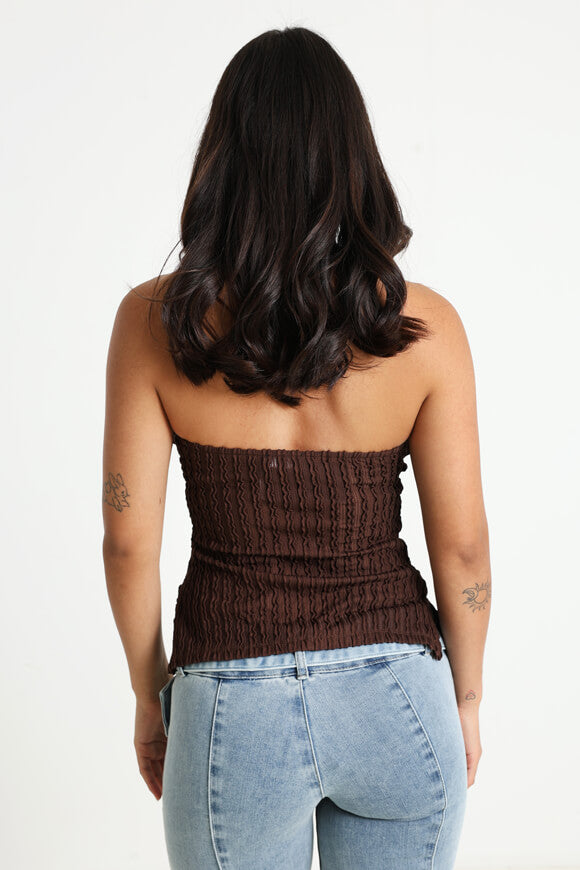 Strukturiertes Bandeau Crop Top - Dunkelbraun