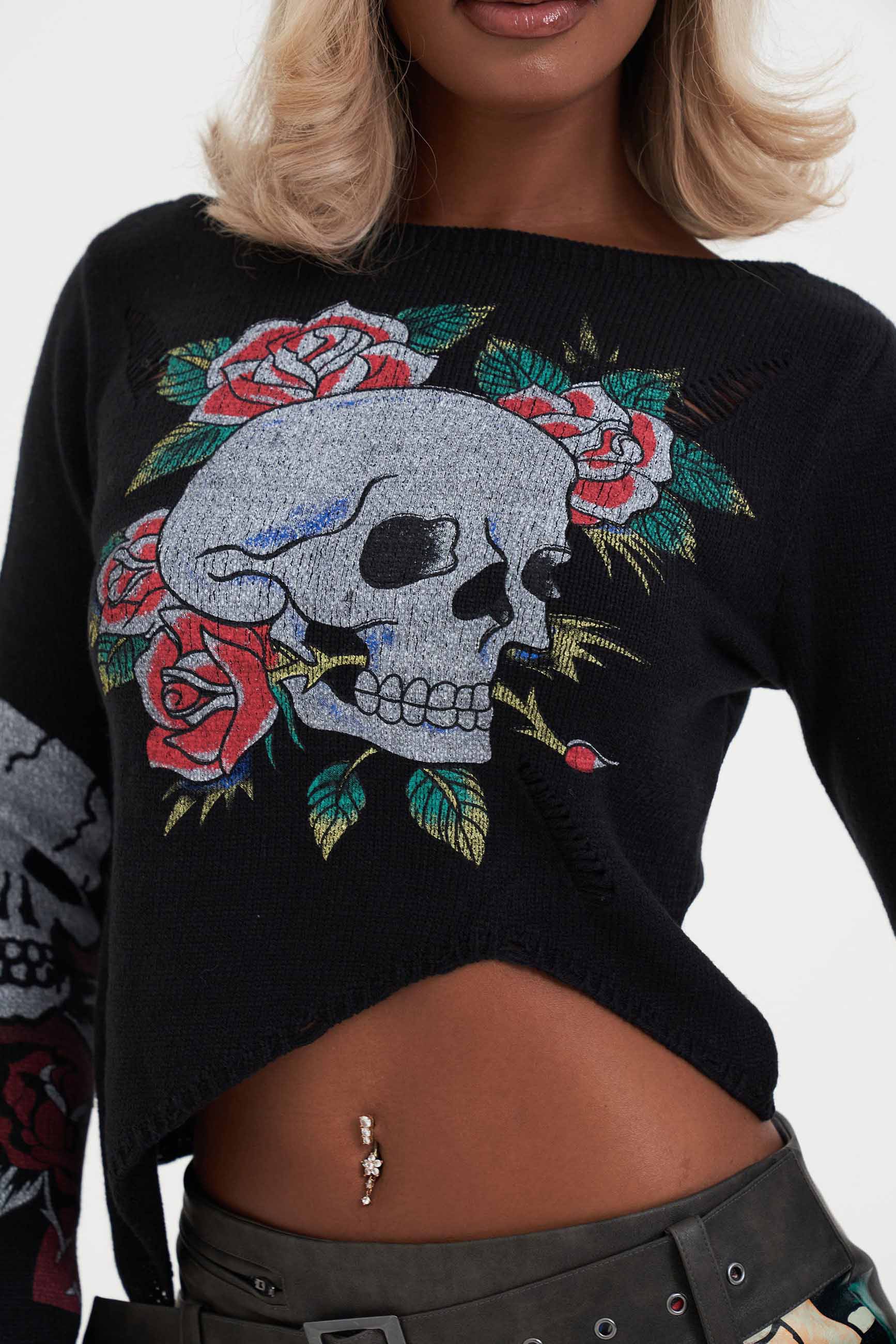 Skull and Roses Strickpullover - Black