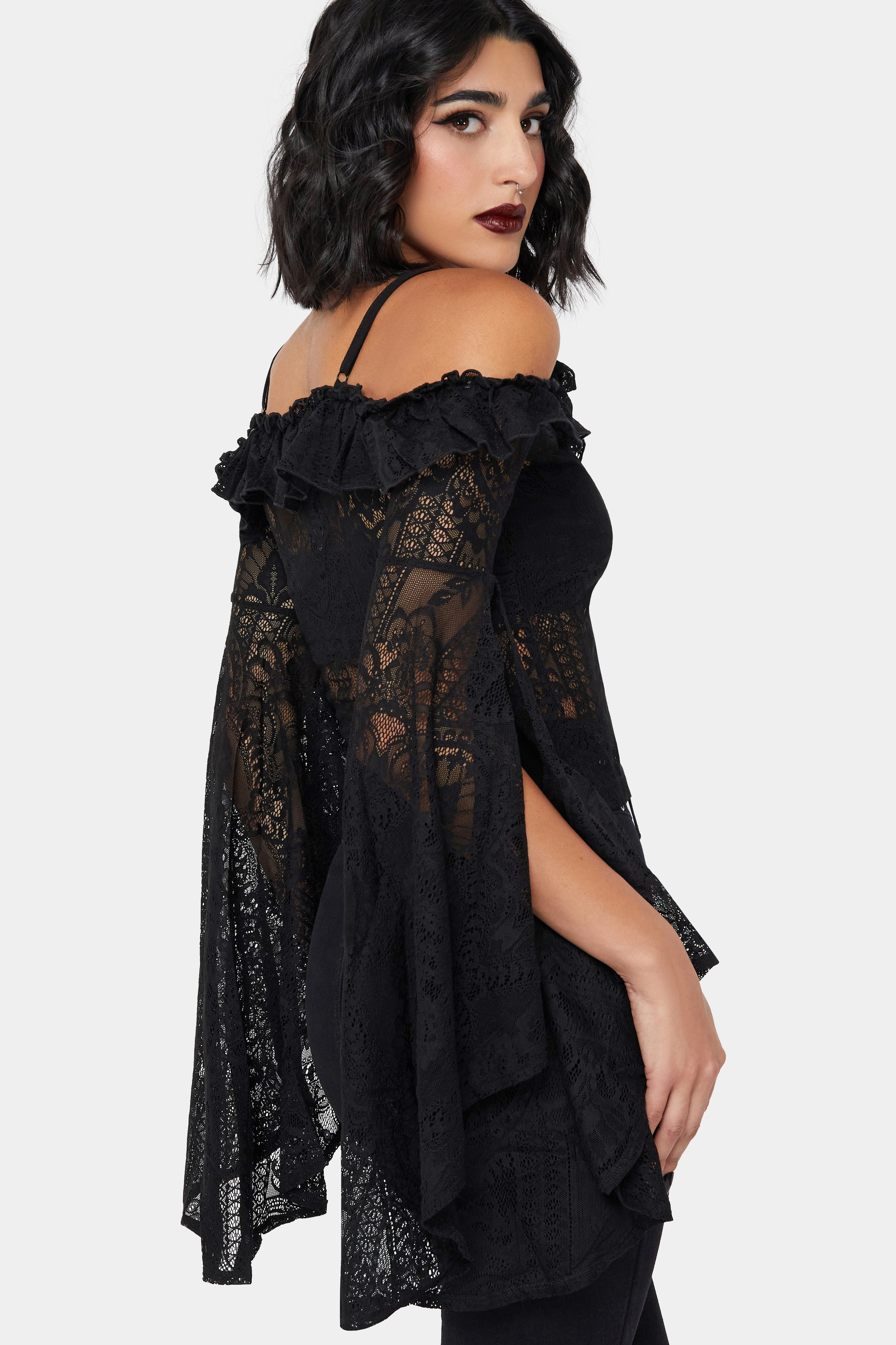 Spitzen Off Shoulder Langarmshirt - Black