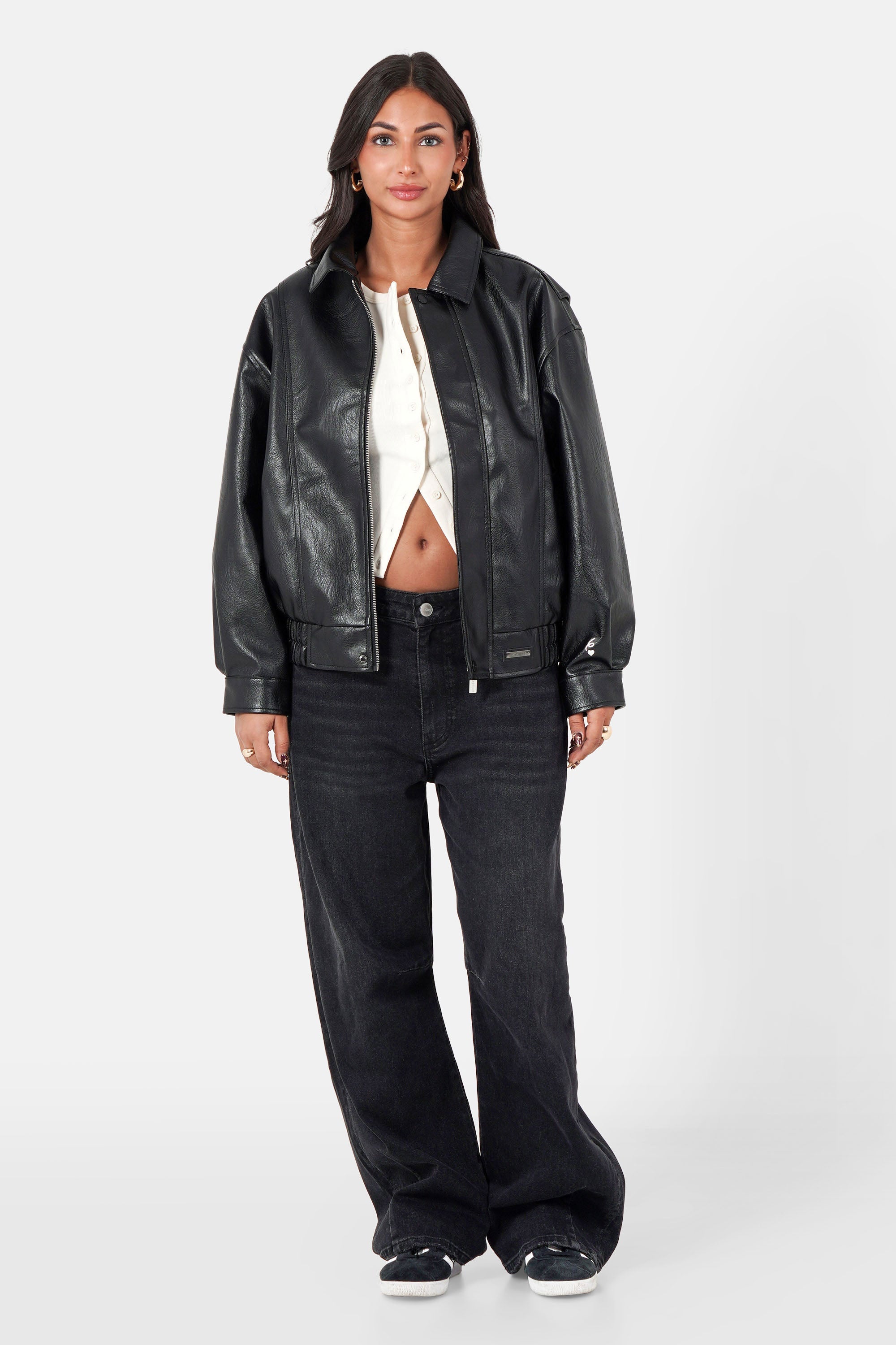 Leichte Bomber Kunstlederjacke - Black