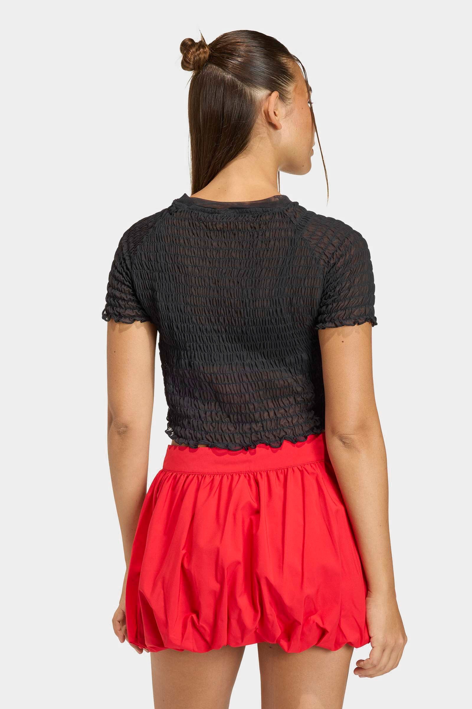 Gesmoktes Crop T-Shirt - Black