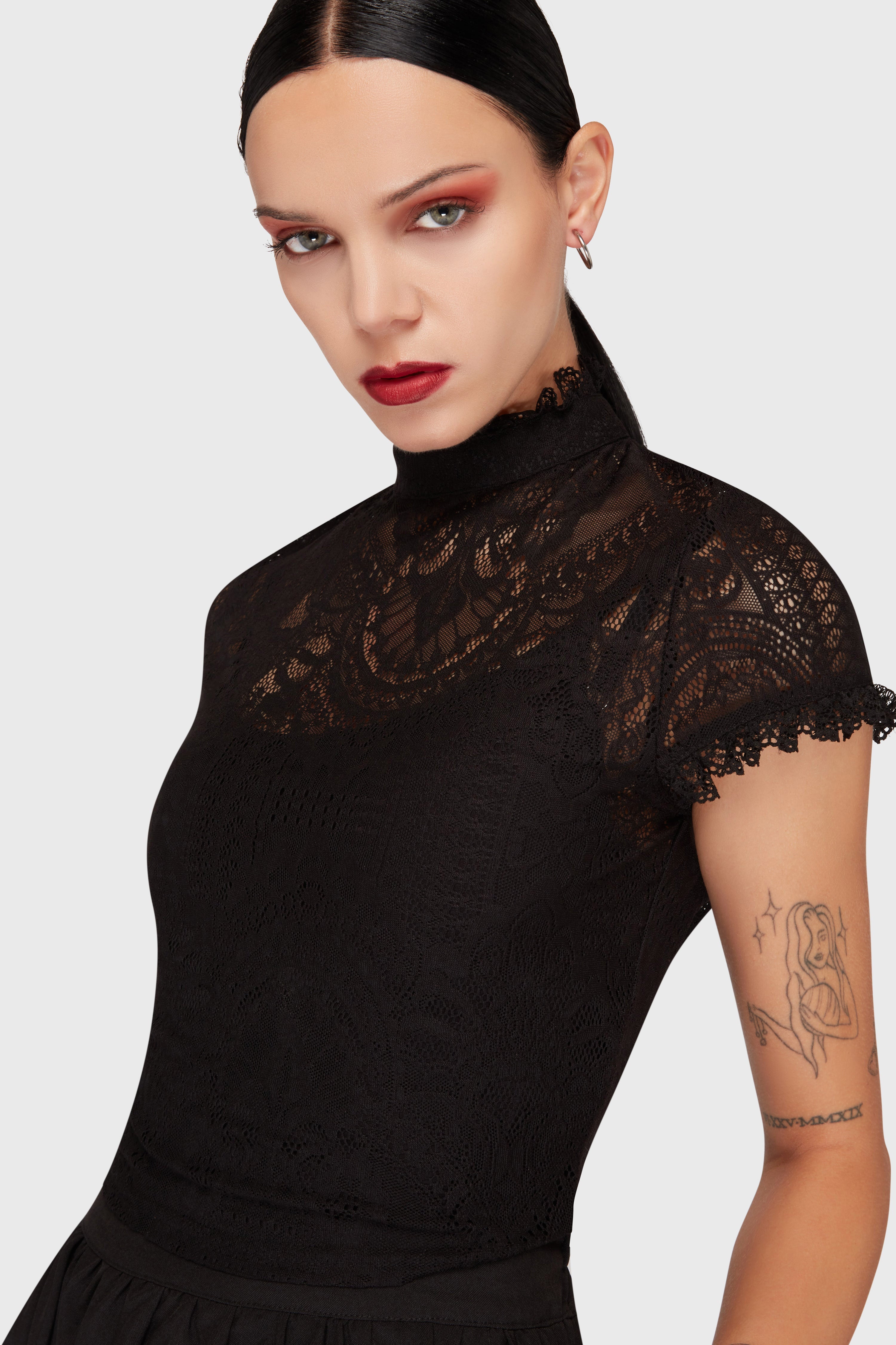 Spitzen Crop T-Shirt - Black