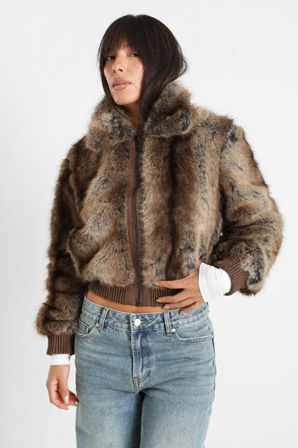 Kunstpelzjacke - Braun + Beige