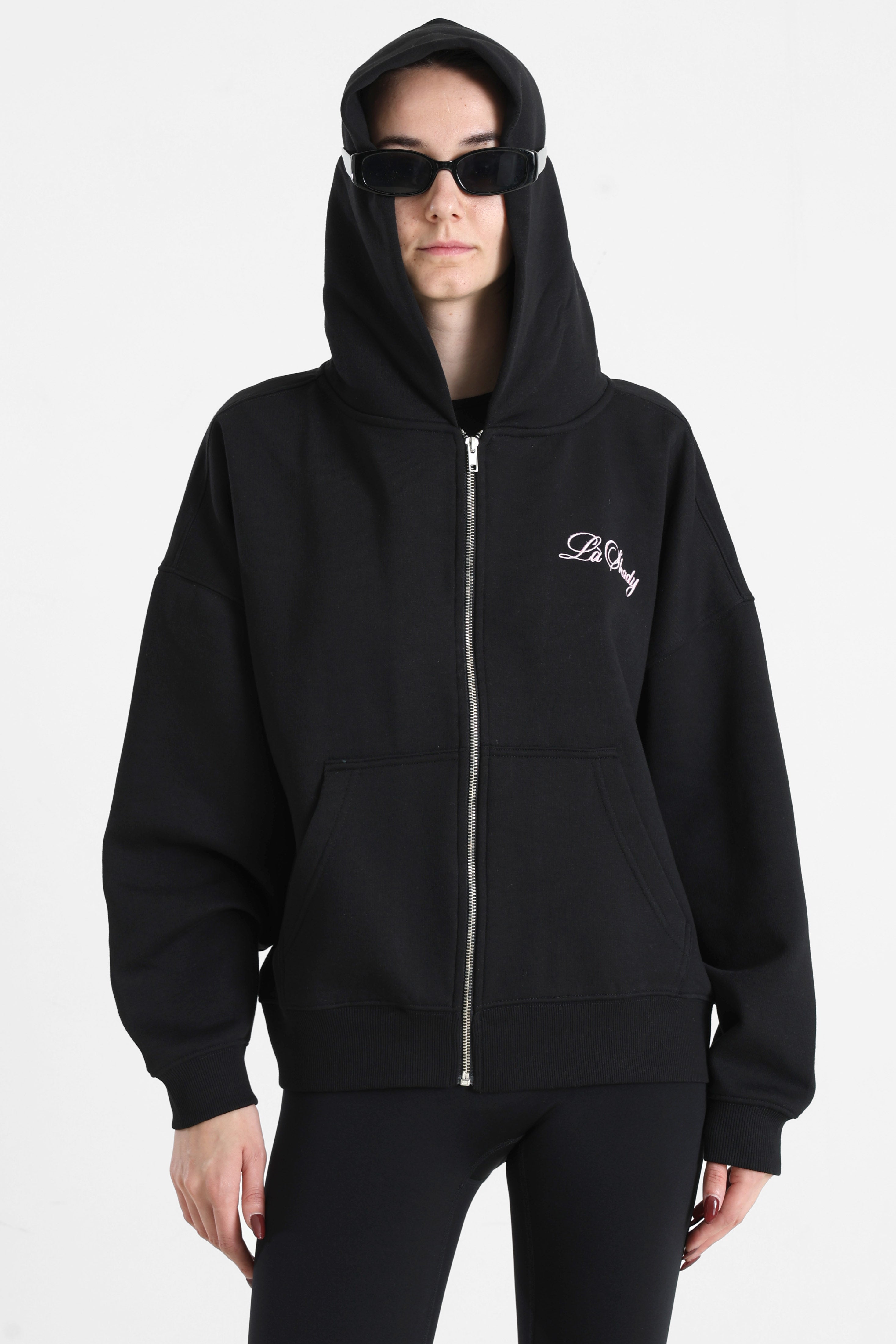 Kapuzensweatjacke - Schwarz + Rosa