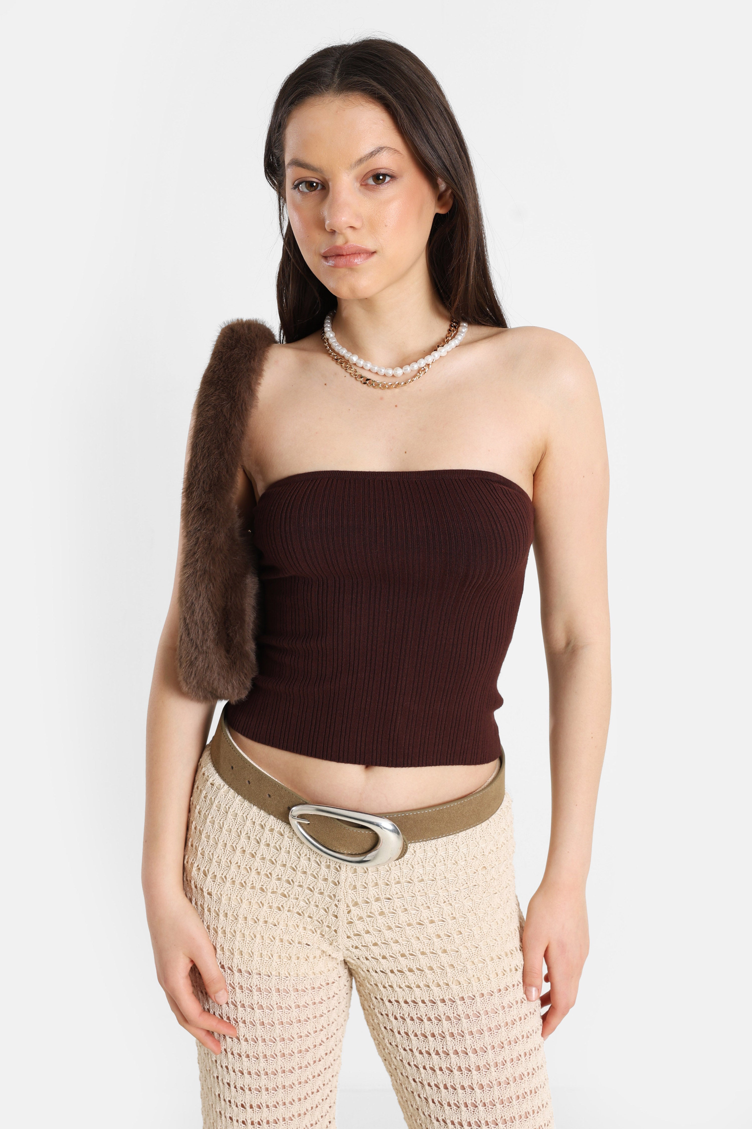 Geripptes Bandeau Stricktop - Dunkelbraun