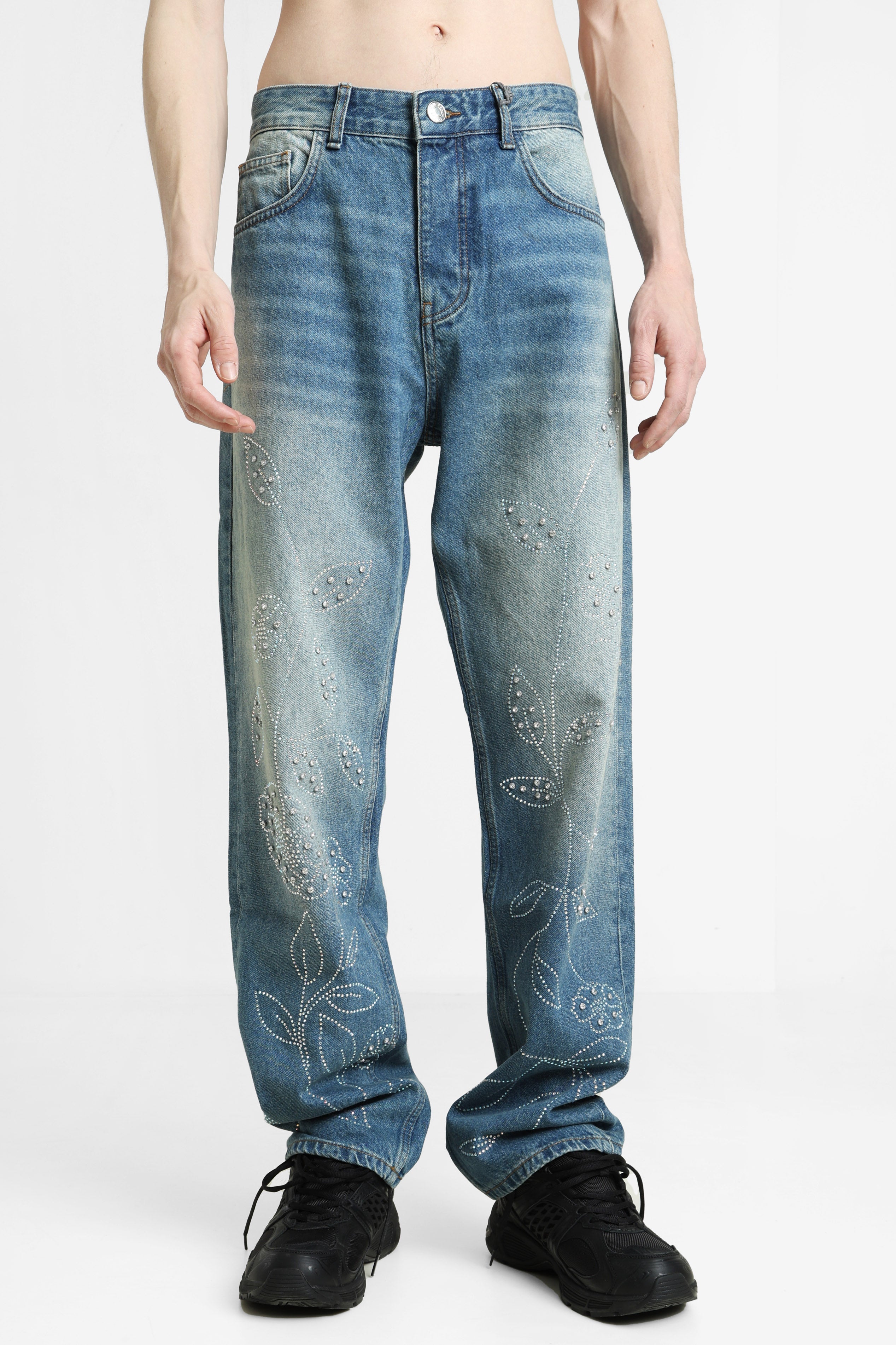 Loose Fit Jeans mit Strass - Blue Denim