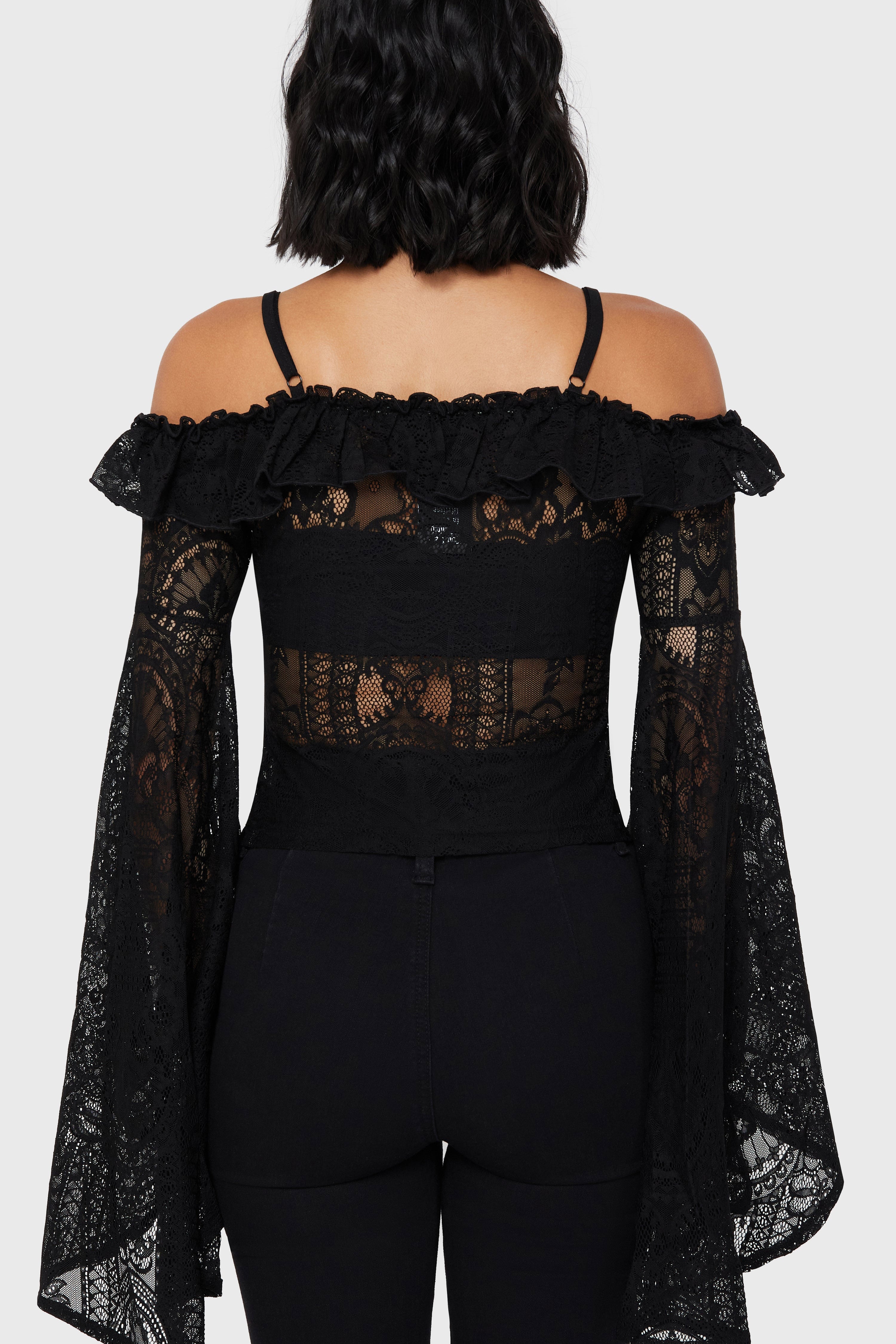 Spitzen Off Shoulder Langarmshirt - Black