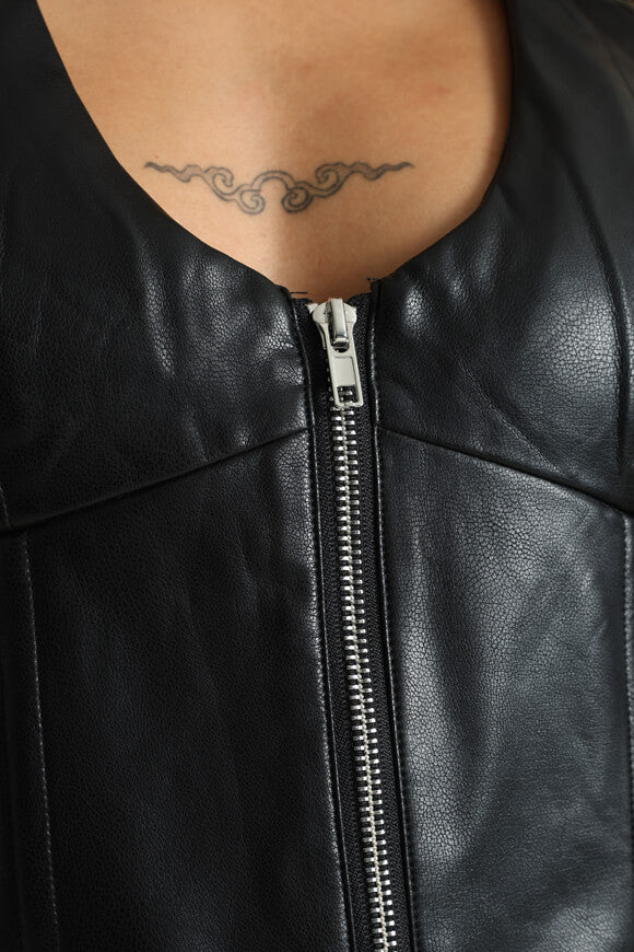 Neckholder Kunstleder Crop Top - Schwarz